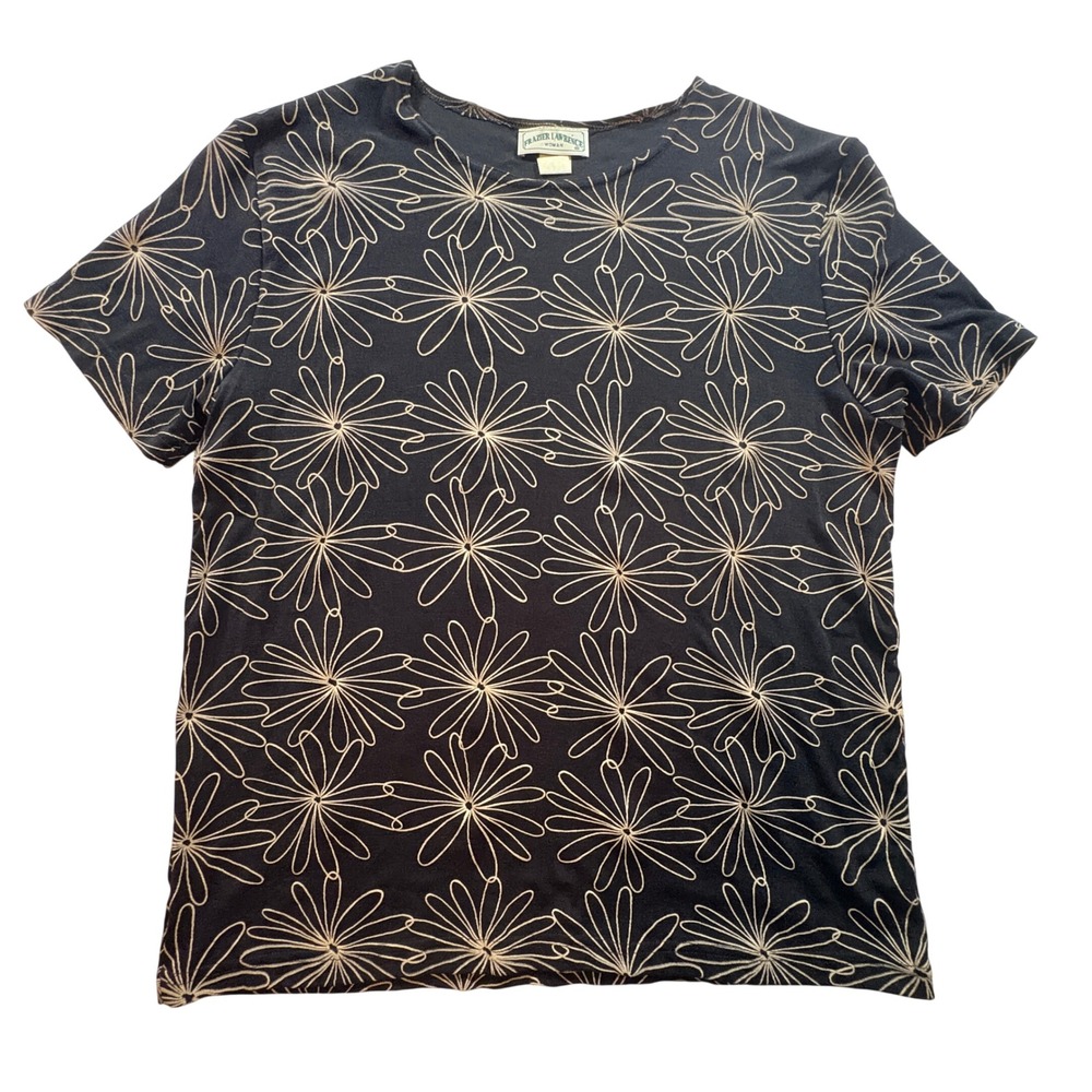 Frazier Lawrence Floral Graphic Top Womens 1X Black Tan Stretch Short Sleeve Tee